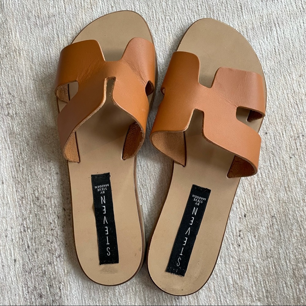 Steve Madden Greece Leather Slide Sandals Cognac